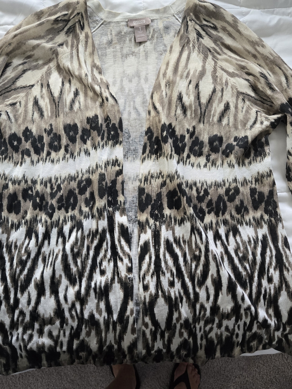 Chico's Animal Print Open Front Cardigan in Cream, Tan & Black